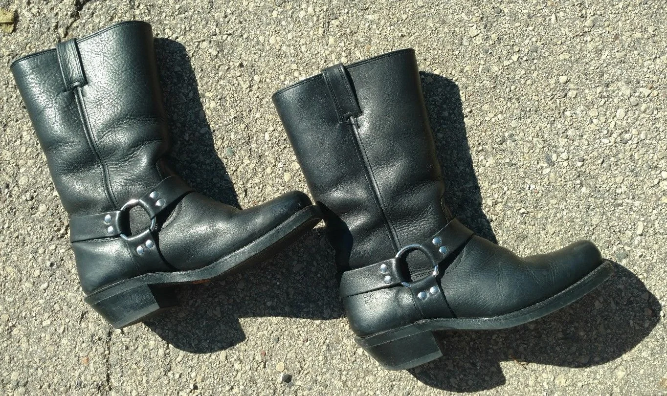 Frye Shearling Lined Black Harness Riding Motorcycle Boots Mid Calf size 8.5 M BECKO S RESALE
